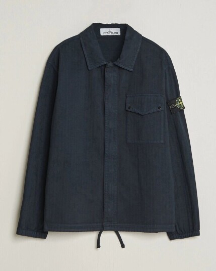 Stone Island Garment Dyed Cotton Herringbone Overshirt Navy Blue