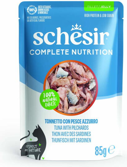 Schesir Våtfôr Complete Nutrition Filet I Gelé Tunfisk Med Sardiner 6 X 85 G