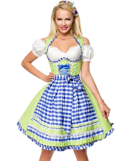 Deluxe Grønn Dirndl Oktoberfestkjole med Blå Partier Strl M
