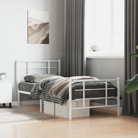 vidaXL Sengeramme i metall med hode- og fotgavl hvit 90x190 cm 8721012304192