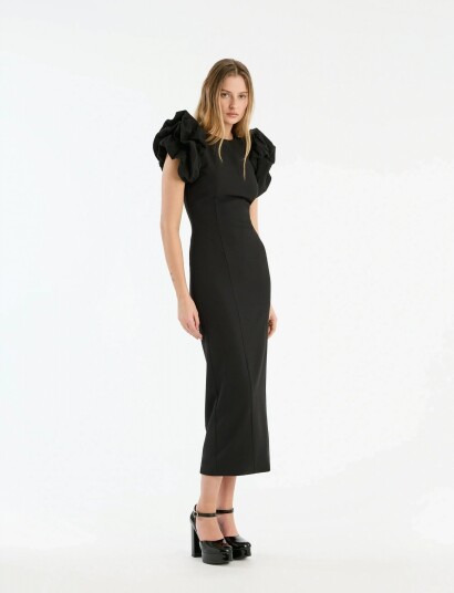 ROTATE Birger Christensen Crepe Puffy Midi Dress Black 40 ROTATE Birger Christensen Crepe Puffy Midi Dress Black 40