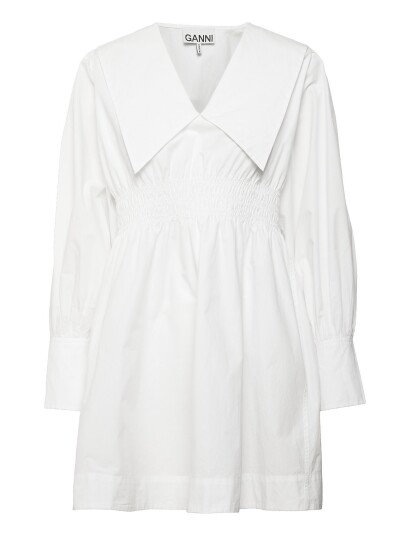GANNI Cotton Poplin V Neck Smock Mini Dress   White   42
