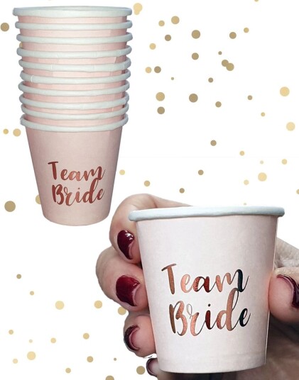 10 stk "Team Bride" Rosegull Shotglass i Papir  Hen Party