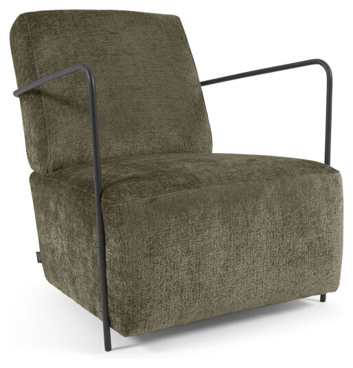 Kave Home Gamer Loungestol, grønn chenille/Sort Metall 1707034-01-0 1638471-06-0