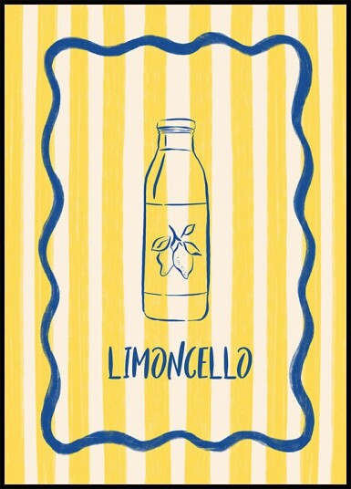 Limoncello Lemon Bottle On Yellow Striped Plakat Plakat / 21x30cm