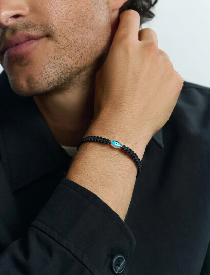Nialaya Men"s Black String Bracelet With Silver Evil Eye   Black   M