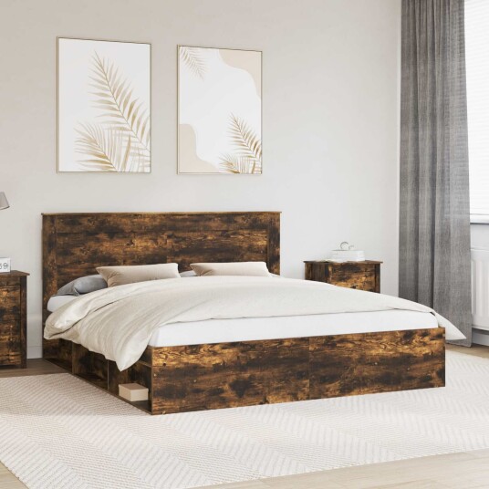 Sengestamme med hodegjerde Røkt eik 200 x 200 cm Massiv furu