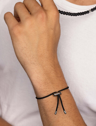Nialaya Men"s Black String Bracelet With Adjustable Silver Lock   Silver   ONE SIZE 20 cm