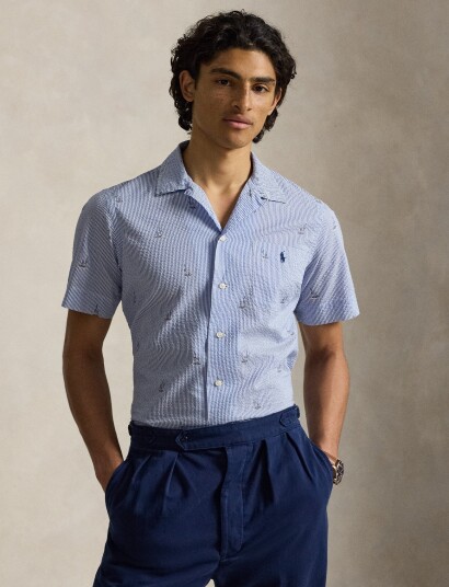 Polo Ralph Lauren Classic Fit Sailboat Seersucker Shirt Blue XL