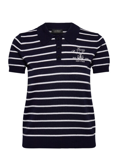 Lauren Ralph Lauren Striped Cotton-Blend Polo Sweater - Navy - L