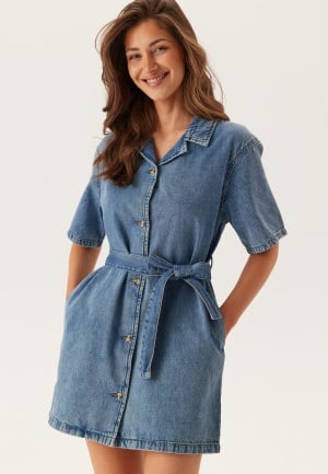 ONLY Onlellie Ss Mini Belt Dress Light Blue Denim L