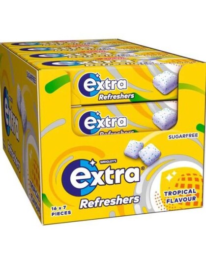 16 stk Extra Refreshers Tropical   Tyggegummi med Tropiske Smaker   Hel Eske 249,6 gram Sukkerfri