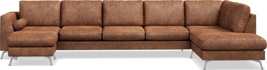 Ocean Lyx 6 seters Høyrevendt U formet Sofa med Divan og Sjeselong + Fotskammel i Kunstlær Brun