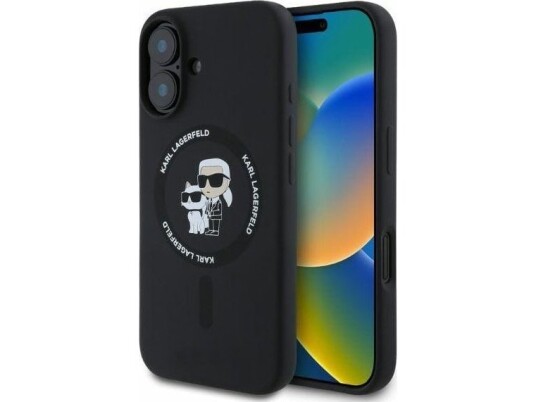 Karl Lagerfeld Flytende Silikon Karl Og Choupette Magsafe Apple Iphone 16 Telefondeksel I Svart Farge