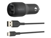 Belkin BoostCharge Dual Charger - Bilstrømadapter - 24 watt - 4.8 A - 2 utgangskontakter (USB) - på kabel: USB-C - svart