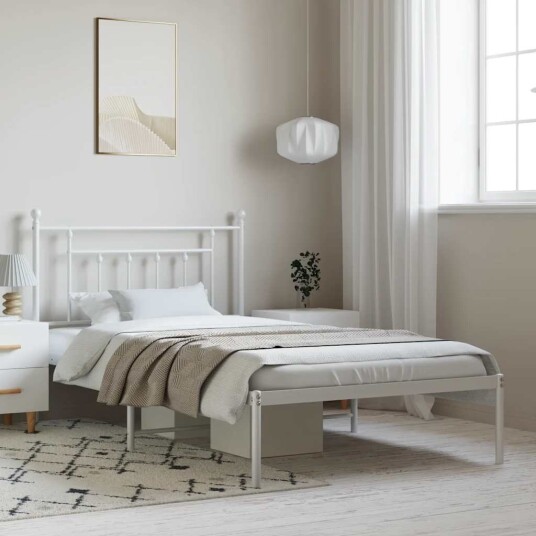 vidaXL Sengeramme i metall med hodegavl hvit 100x200 cm 8720845883614