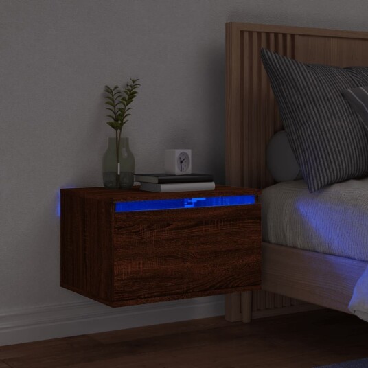  Vegghengt nattbord med LED-lys 2 stk brun eik 8721012254220