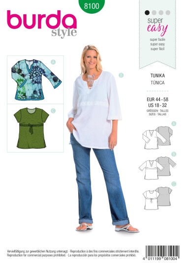 Burda 8100 - Tunika EUR: 44-58, US: 18-32 Burda 8100 - Tunika EUR: 44-58, US: 18-32