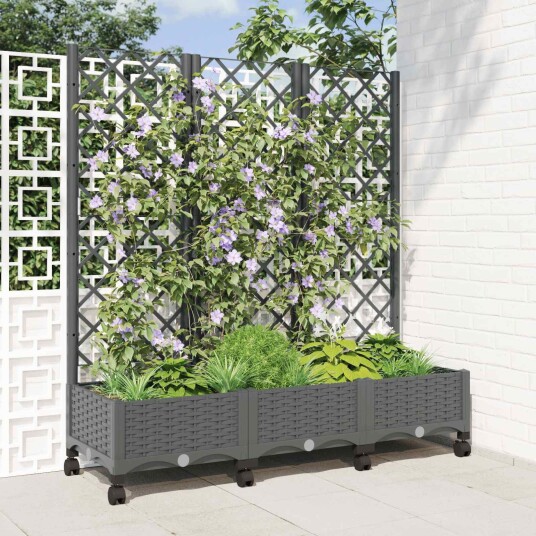 vidaXL Hageplanter med espalier og hjul Lysegrå 120 x 40 x 131,5 cm PP