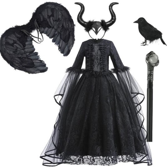 Maleficent Heksekostyme med Svart Blondekjole til Jente WELLNGS