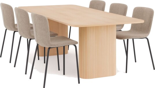 Kopparbo Spisebord 200-260 cm Uttrekkbart med ileggsplate med 6 Katy Spisestoler - Hvit / Greige Bouclé / Metallben Svart