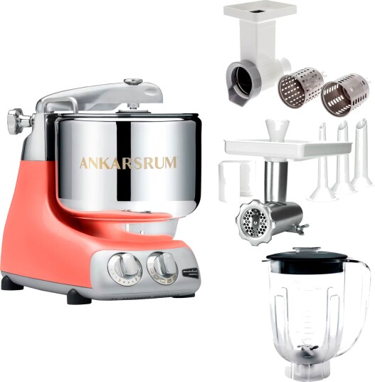 Ankarsrum Assistent Original AKM 6230 kjøkkenmaskin med kjøttkvern skjæretilbehør og blenderkanne coral crush