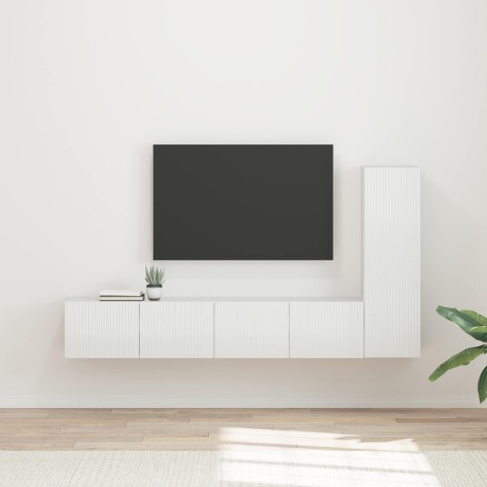 TV benksett Veggmontert 3 pcs Høyglanset hvit Konstruert tre TV benksett Veggmontert 3 pcs Høyglanset hvit Konstruert tre