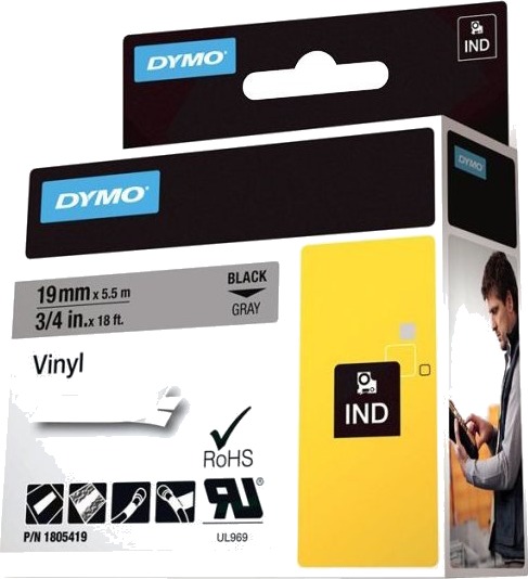 Dymo Rhino Coloured Vinyl Vinyl Permanet Adhesiv Sort På Grått Roll 1.9 Cm X 5.5 M 1 KassettEr Tape For Dymo Ilp219 Rhino 4200 5000 5200 6000 Rhinopro 3000 5000 6000 6500