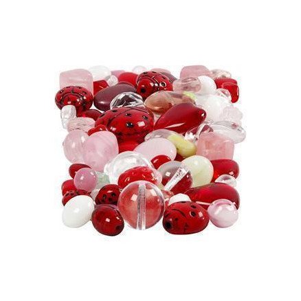 Diverse Glassperler marihøner blad hjerter str 5 22 mm hullstr 0,5 1,5 mm ass farger 60 g 1 pk