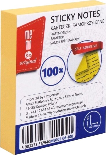 Memobe Selvklebende Notatblokk 40X50mm 100K Gul Memobe