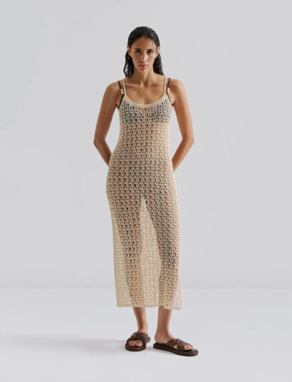 Malina Claudine Knitted Slip Beach Maxi Dress   Beige   L