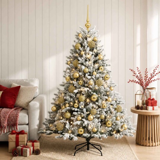 vidaXL Kunstig juletre med julekuler 150 cm 150 LED-lys Varmhvit