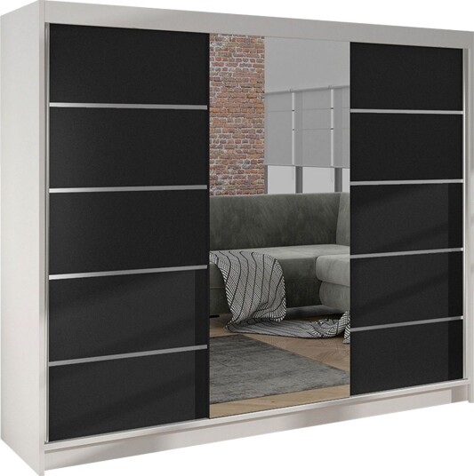 Cyria Garderobe med romslig Oppbevaring og Skyvedører med Speil 200x215 cm - Svart/Hvit