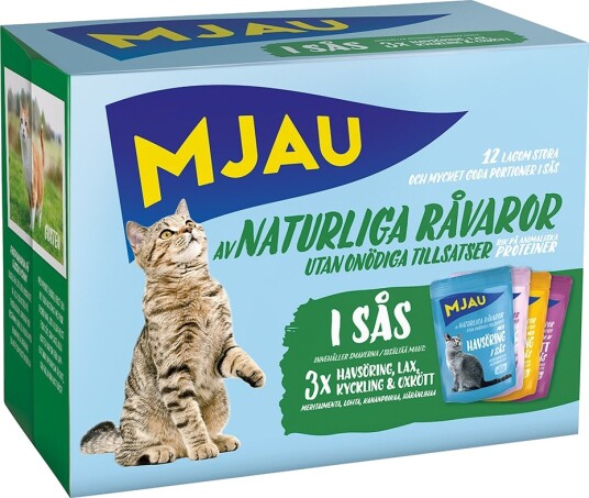 Mjau Cat Poser Blandet Kjøttog Fiskemeny I Saus 4 Varianter 12 X 85 G
