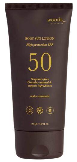 Woods Copenhagen Kropp Solkrem SPF 50 - 150 ml, Vegansk, Vannbestandig