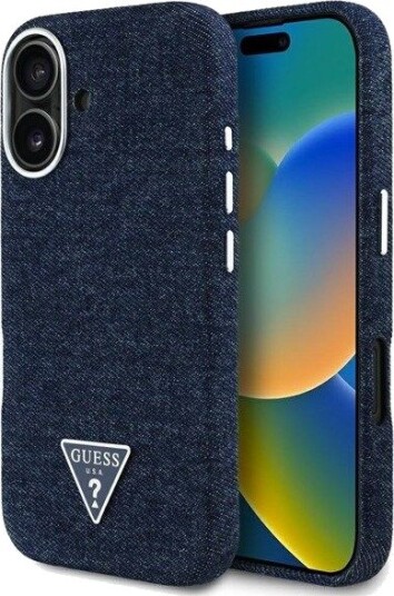 GUESS Denim Triangle Logo MagSafe iPhone 16 Case - Blue