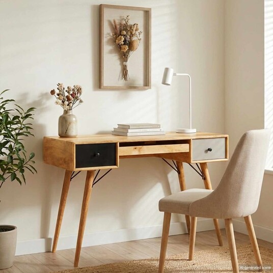 vidaXL Skrivebord med skuff Brun 110 x 55 x 76 cm Massiv mango tre vidaXL Skrivebord med skuff Brun 110 x 55 x 76 cm Massiv mango tre