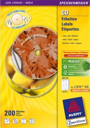 Avery Full Face Cd/Dvd Etikett   Hvit   117 Mm Rund 200 EtikettEr 100 Ark X 2 Cd/Dvd Etiketter