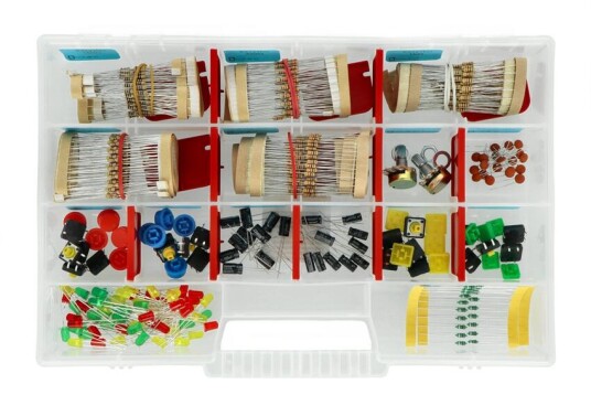 Sett med passive elektroniske komponenter 500+ deler med organizer