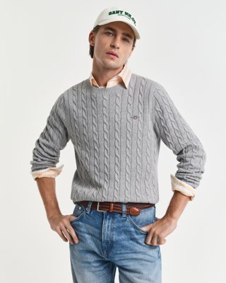 Gant Kabelstrikket genser i bomull med rund hals GREY MELANGE XXL