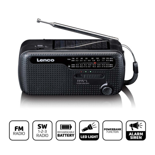 Lenco MCR 113 Bærbar Nødradio med Solcelle og Strømbank Svart Lenco MCR 113 Bærbar Nødradio med Solcelle og Strømbank Svart