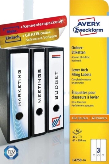 Avery L4759 10 Hvit Papir 61 X 297 Mm 30 Stykker 10 Ark 210 X 297 Mm