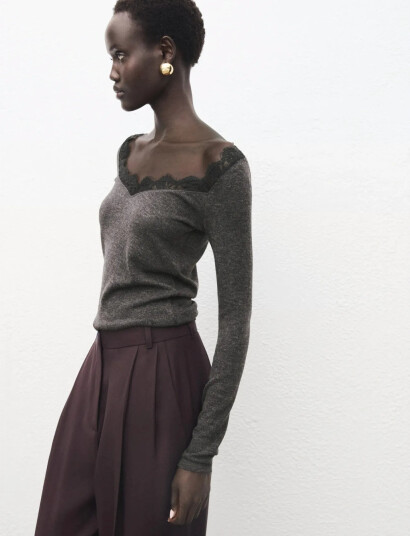 Mango Lace Trimmed Scoop Neck Top   Grey   XS
