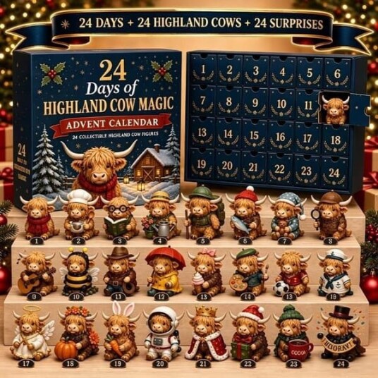 2026 Highland Ku Adventskalender 24 dagers nedtelling til jul blindboks søt Highland Ku samleobjekt overraskelse*magi*Akryl flat design