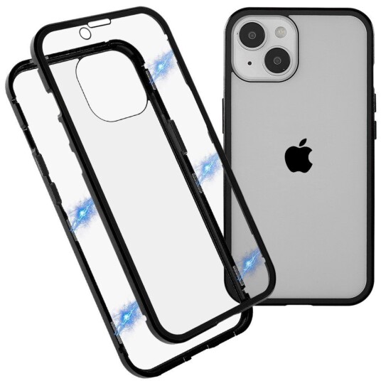 INCOVER iPhone 14 Deksel med Magnetisk Metallkant Glass- Foran og Bak - Svart