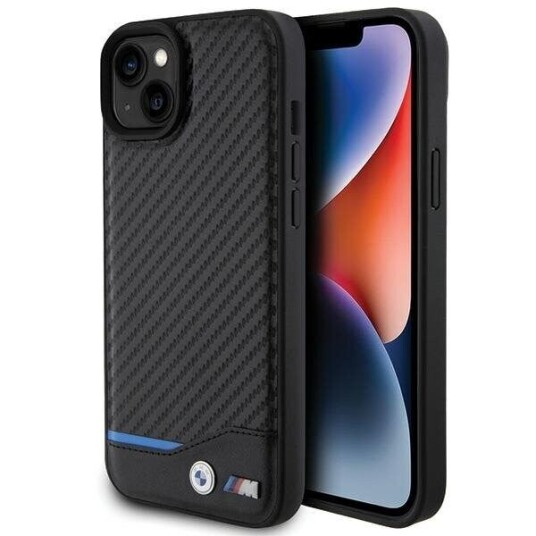 BMW Lær Carbon Etui for iPhone 15 Plus - Blå