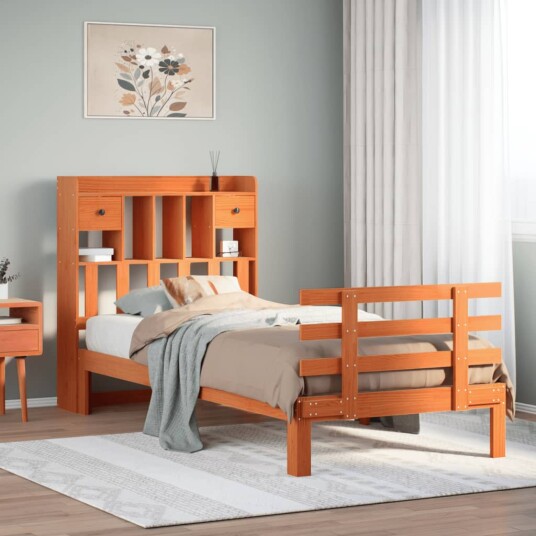 Seng med bokhylle uten madrass voksbrun 75x190 cm heltre furu 8721158615930
