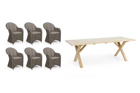 Brafab Paulina & Brutus matgruppe Rustikk med beige pute 6 lenestoler & bord 220x100 cm