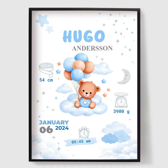Namly Design Personalisert Plakat Rosa eller Blå Bjørn Fødselsplakat POSTERWWYD6Z