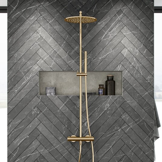 Semplice Termostatsett SRL10 S03 Rain DeLuxe RHB30 ø30cm Polert Messing Naturfarget